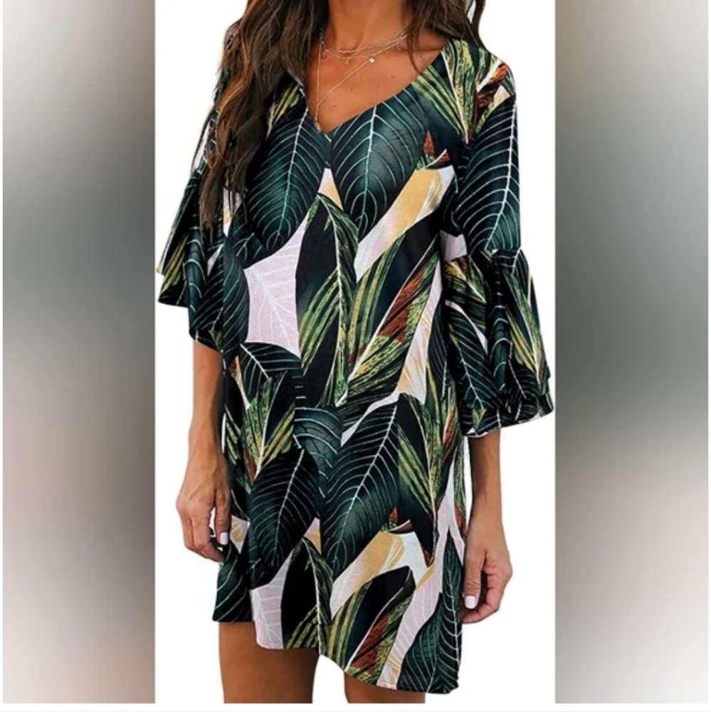 BELONGSCI Women's V-Neck Bell Sleeve Mini Dress Floral Green S MALIBU BARBIE